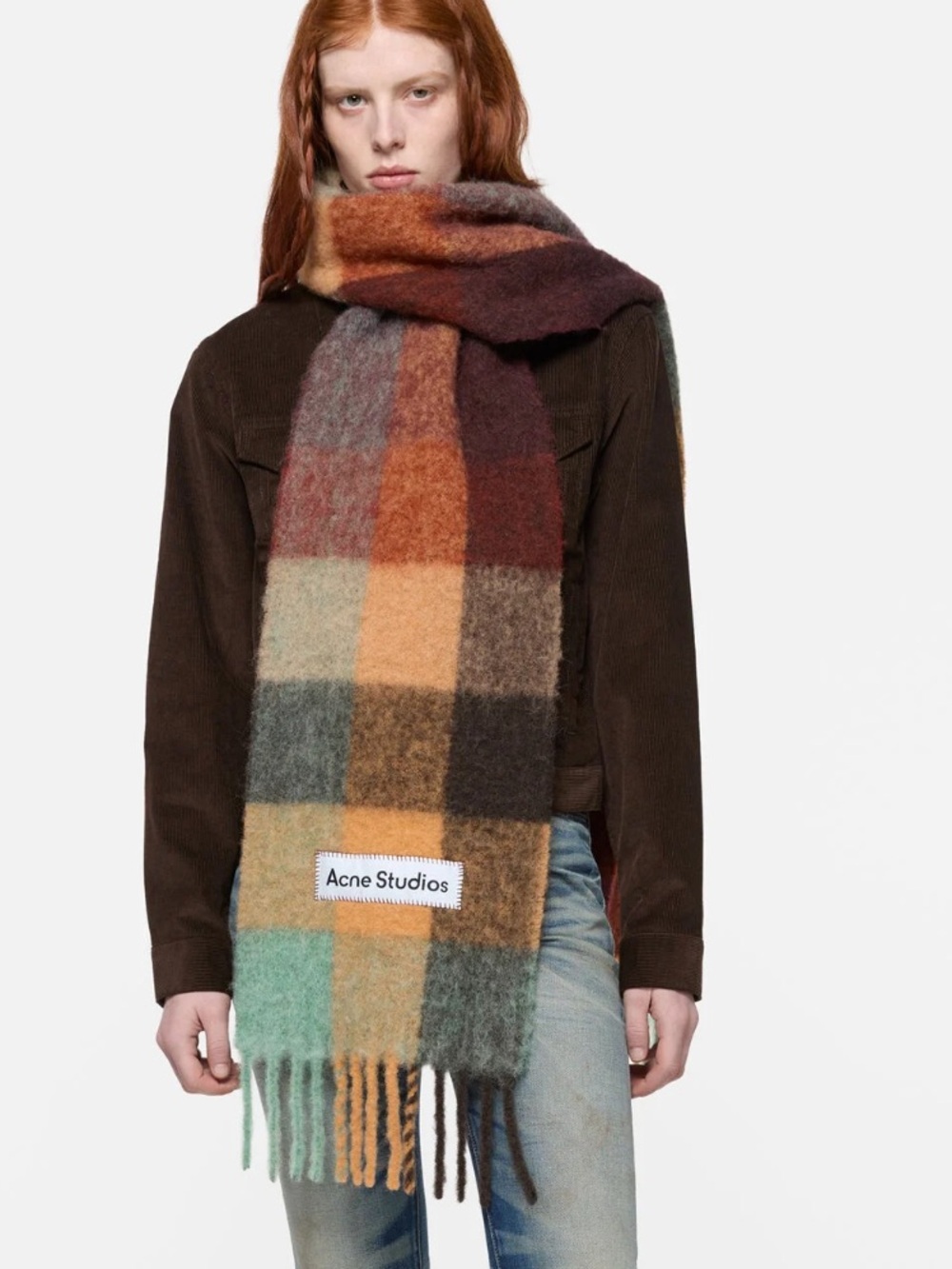 Acne Studios Scarf Vally Plaid Alpaca Wool Mohair Brown Multi Color Fringed NWT